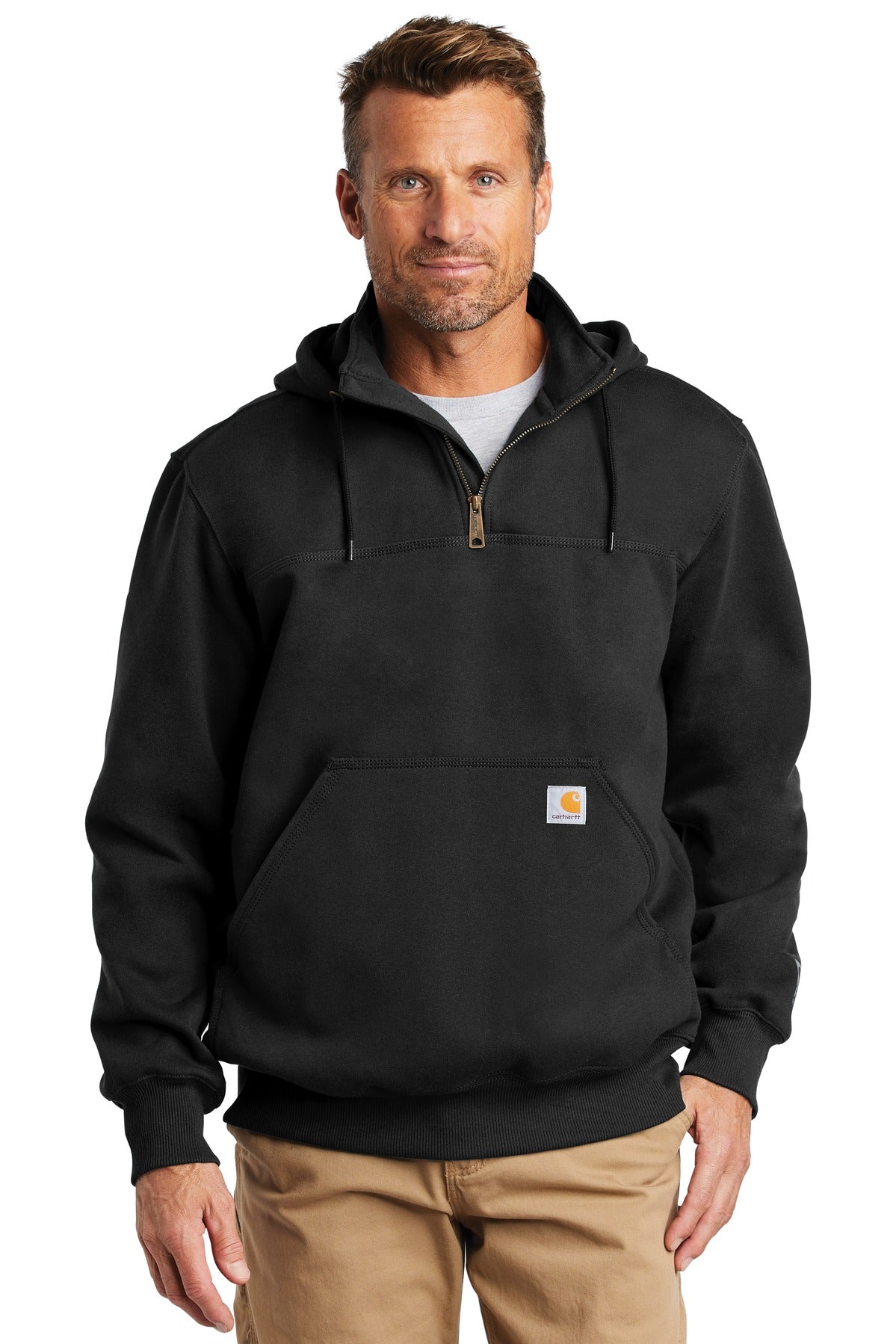 Front View of Black Carhartt Rain Defender Paxton Heavyweight Hooded Zip Mock Sweatshirt. CT100617