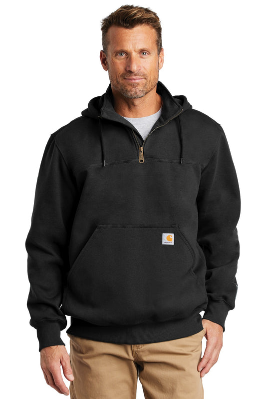 Front View of Black Carhartt Rain Defender Paxton Heavyweight Hooded Zip Mock Sweatshirt. CT100617