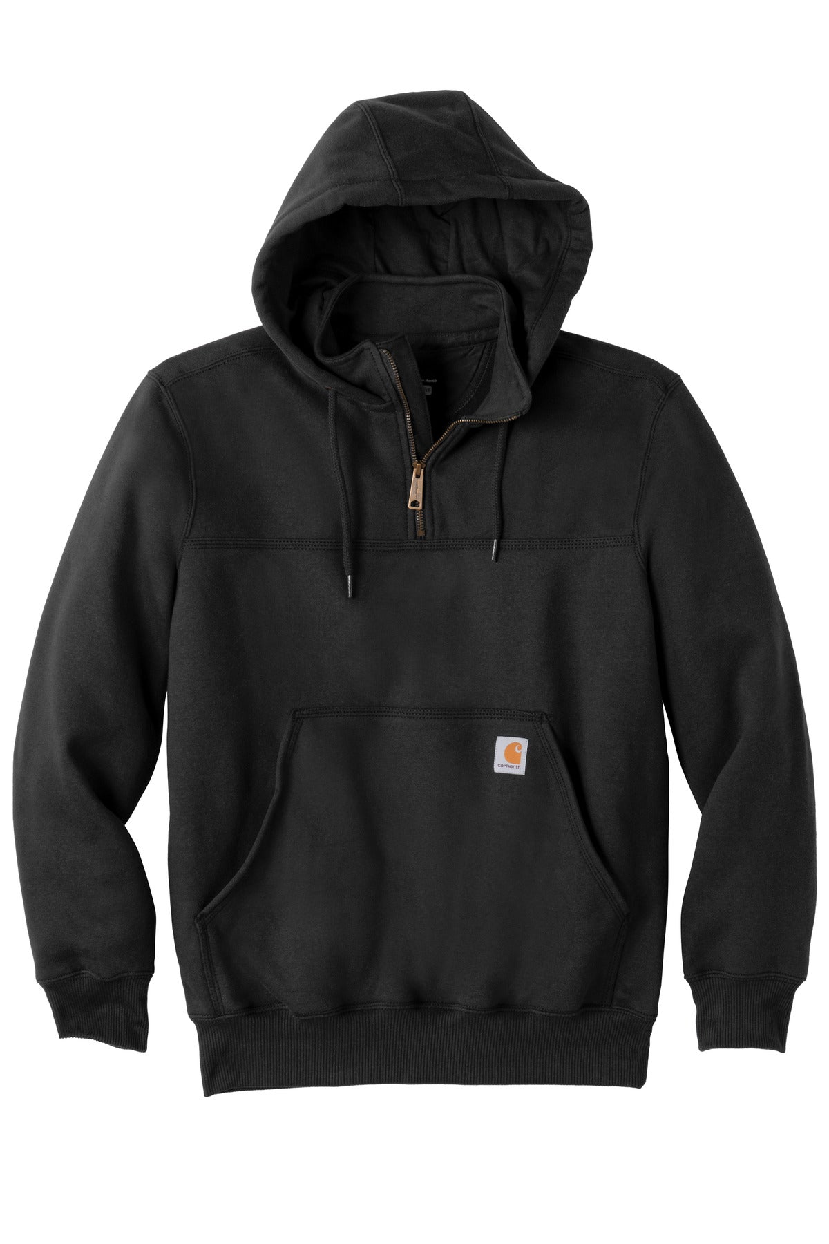 Front View of Black Carhartt Rain Defender Paxton Heavyweight Hooded Zip Mock Sweatshirt. CT100617