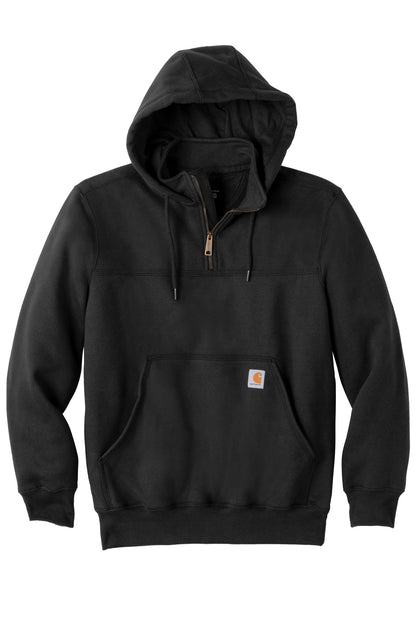 Front View of Black Carhartt Rain Defender Paxton Heavyweight Hooded Zip Mock Sweatshirt. CT100617