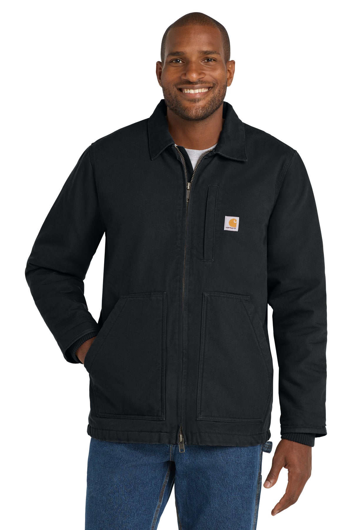 Front View of Black Carhartt Sherpa-Lined Coat CT104293