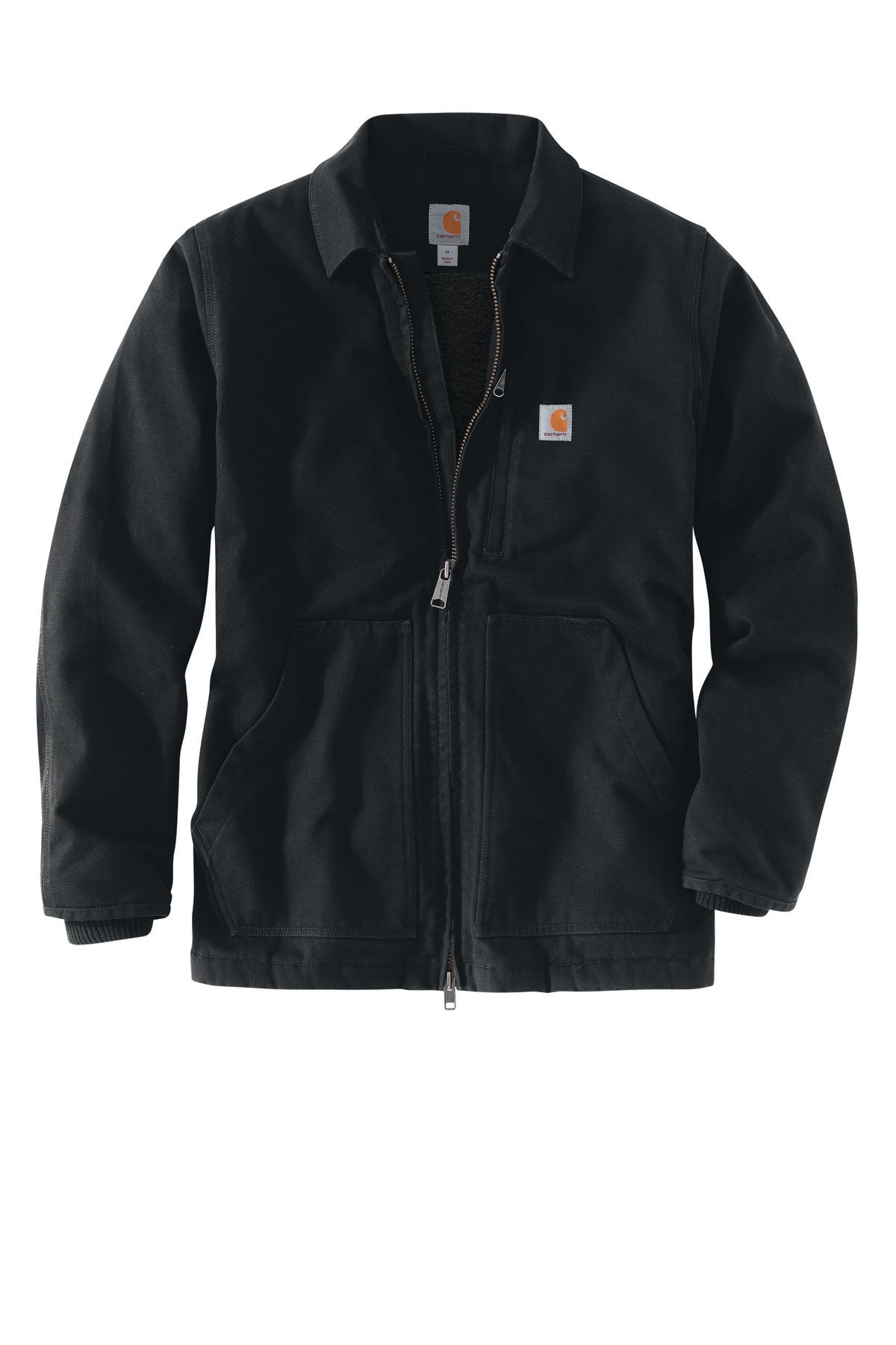 Front View of Black Carhartt Sherpa-Lined Coat CT104293