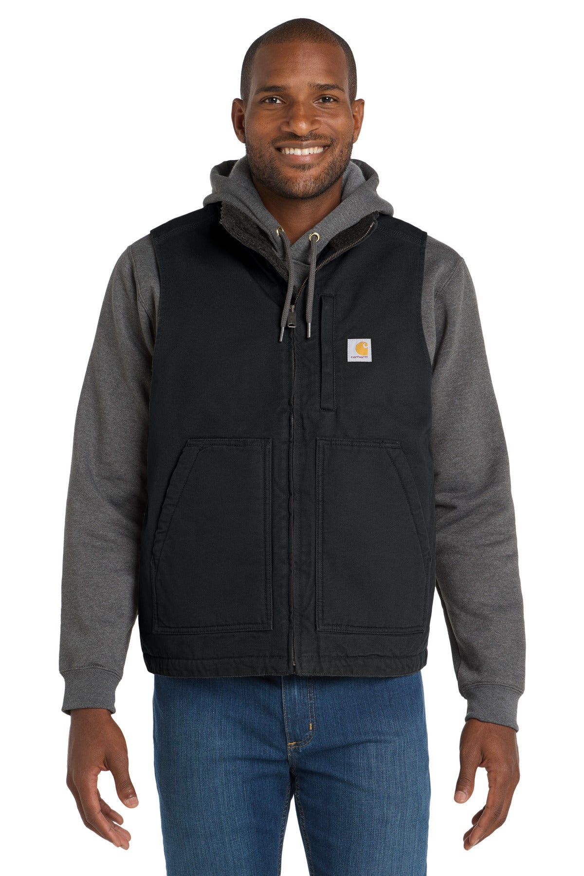 Front View of Black Carhartt Sherpa-Lined Mock Neck Vest CT104277