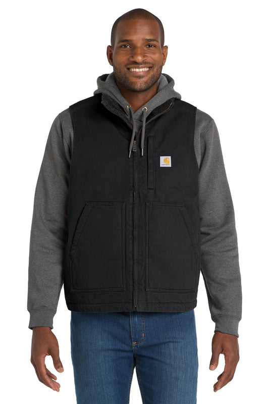 Front View of Black Carhartt Sherpa-Lined Mock Neck Vest CT104277