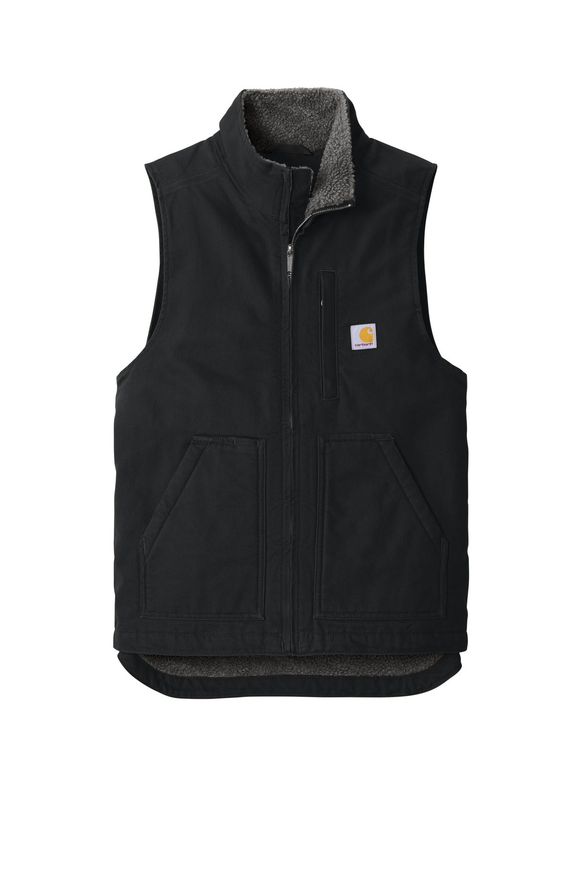 Front View of Black Carhartt Sherpa-Lined Mock Neck Vest CT104277