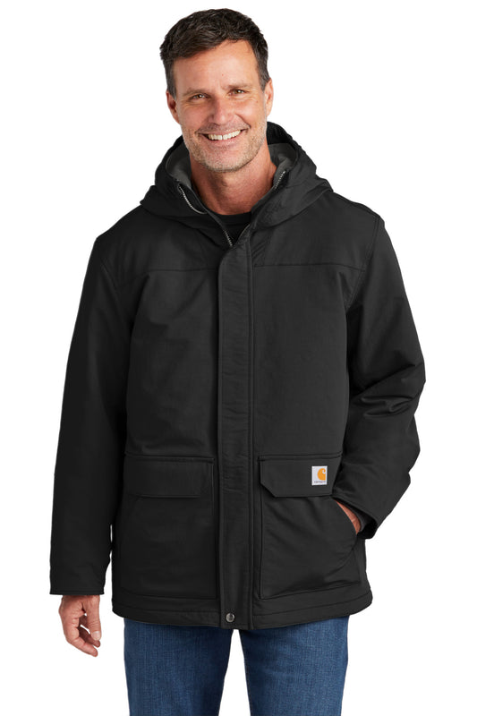 Front View of Black Carhartt Super Dux Insulated Hooded Coat CT105533