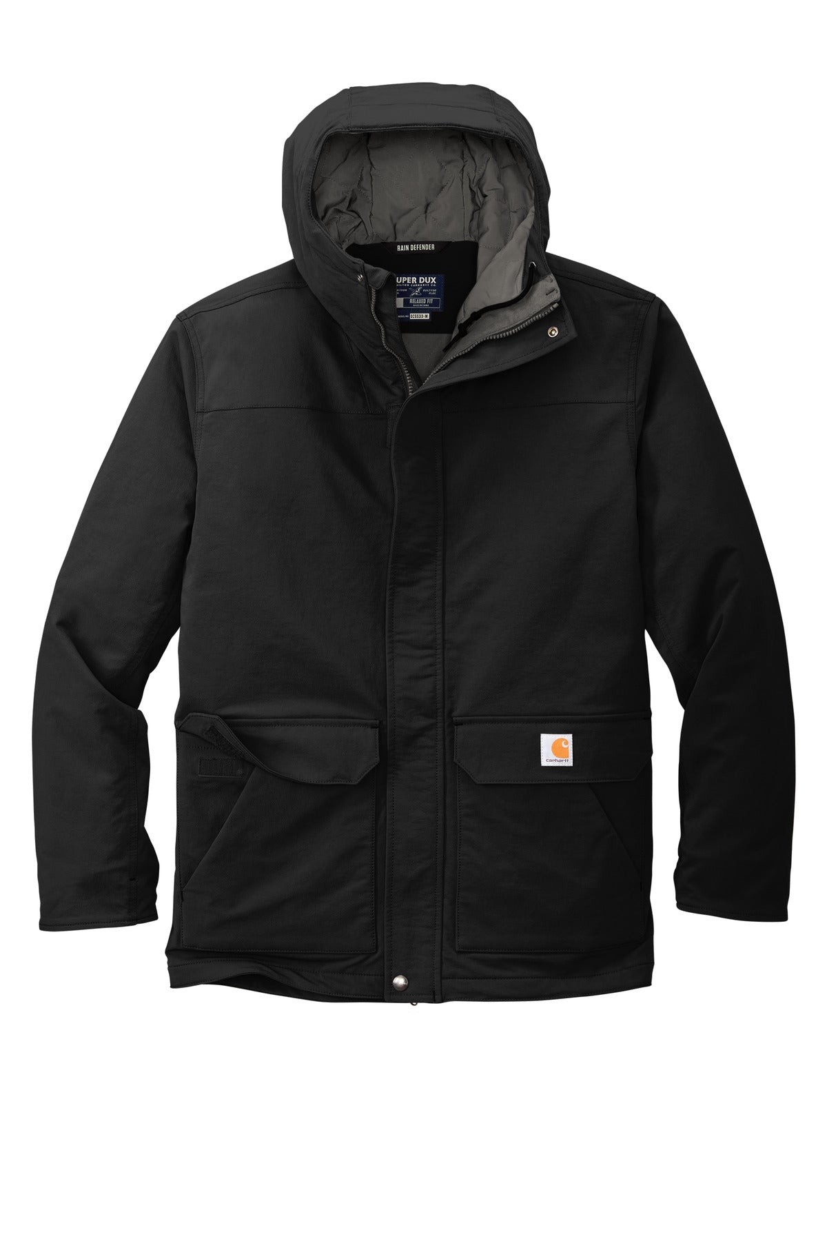 Front View of Black Carhartt Super Dux Insulated Hooded Coat CT105533