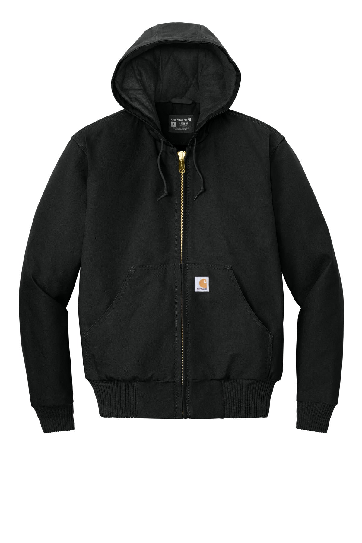 Front View of Black Carhartt Tall Quilted-Flannel-Lined Duck Active Jac. CTT106677