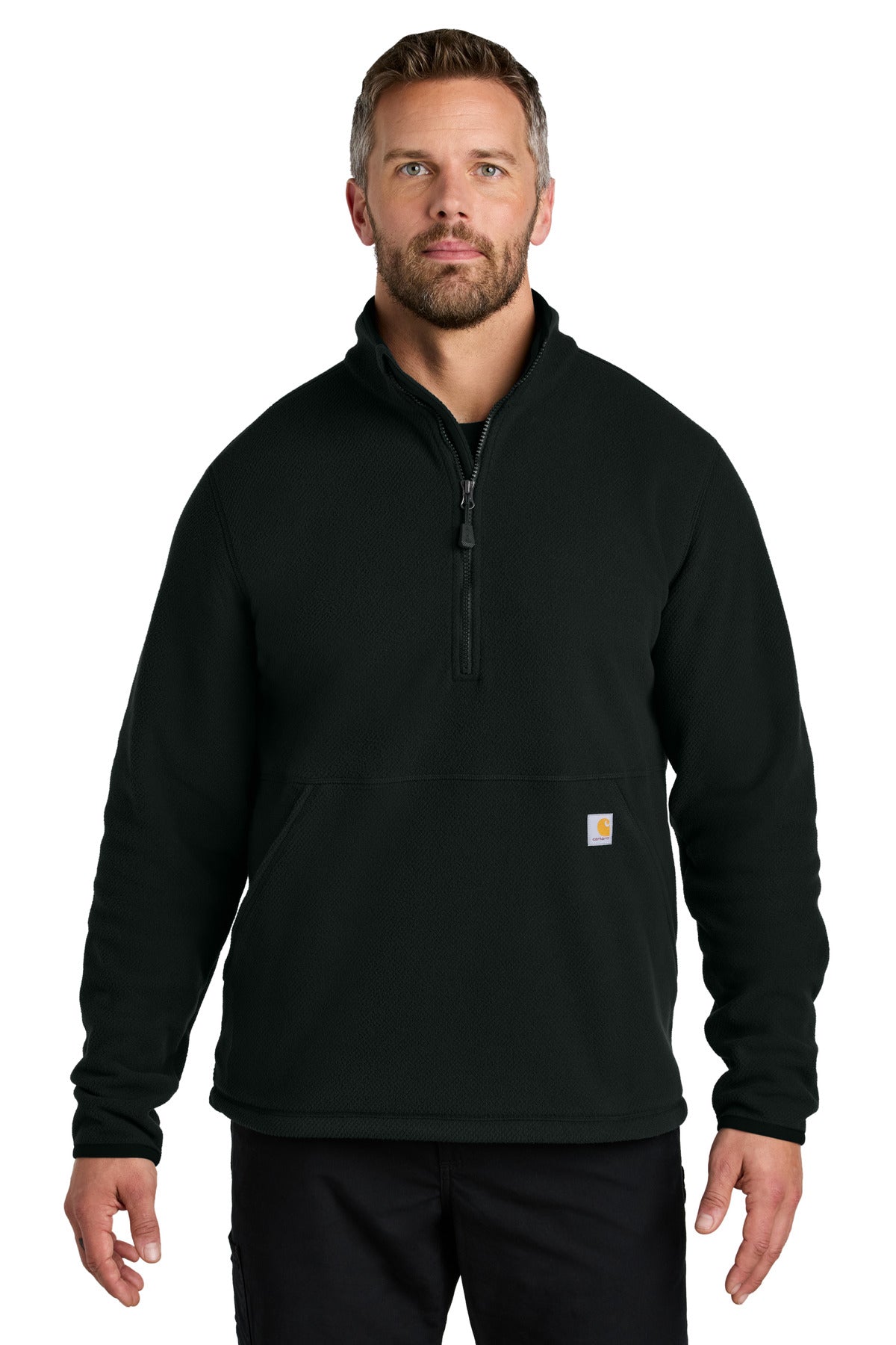 Front View of Black Carhartt Textured 1/2-Zip Fleece Jacket CT106417