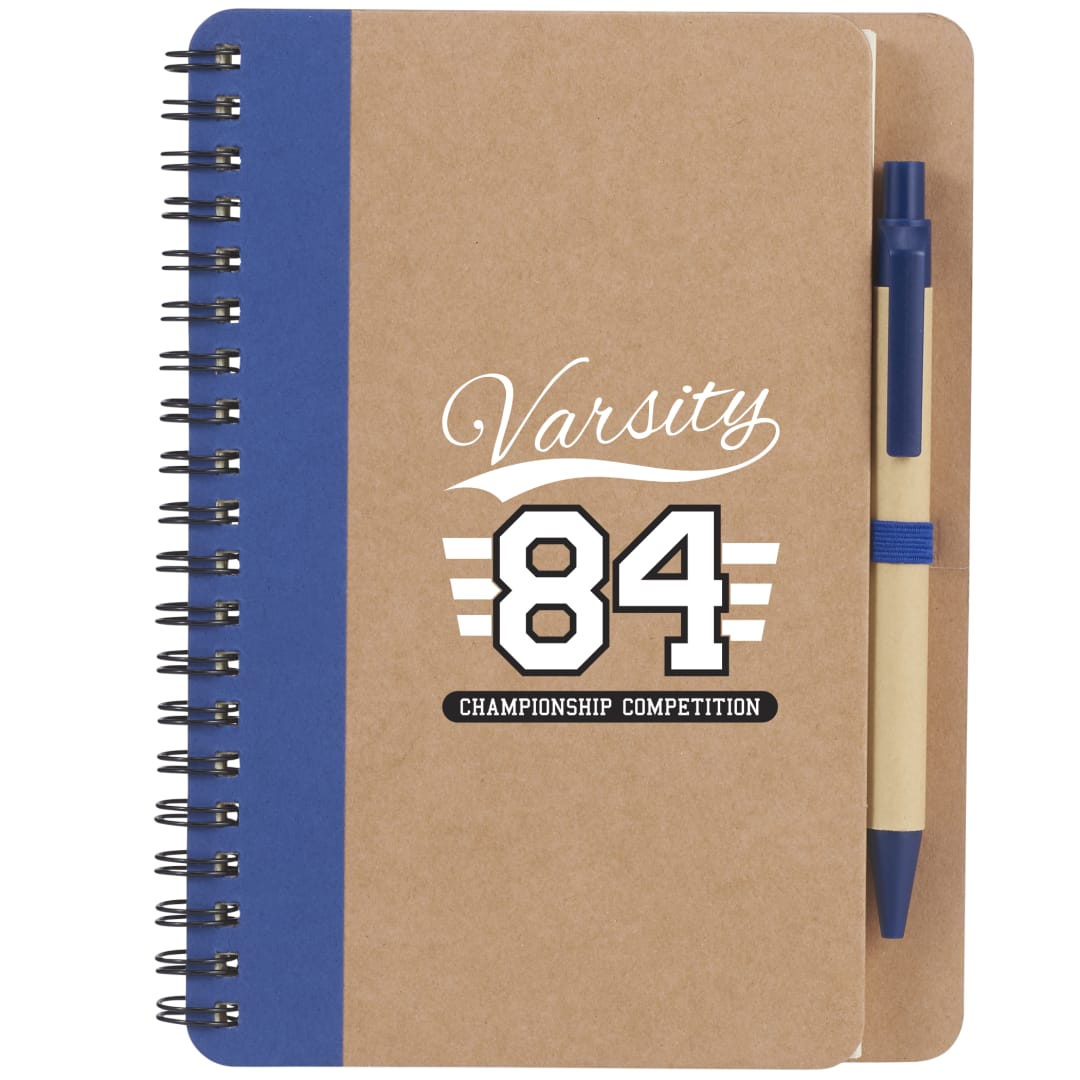 Front View of Blue 5" x 7" FSC® Mix Eco Spiral Notebook with Pen
