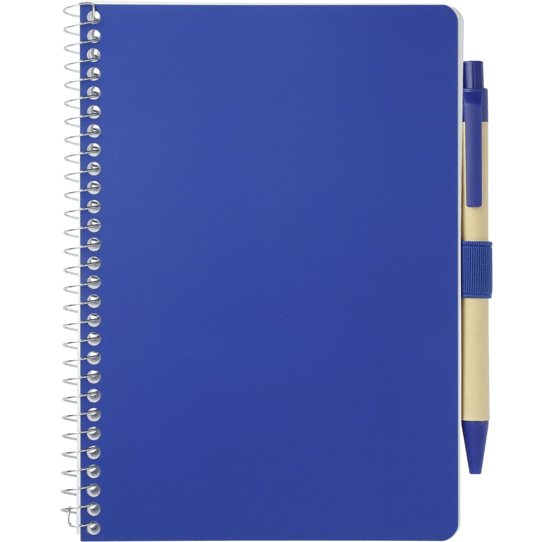 Front View of Blue 5” x 7” FSC® Mix Spiral Notebook with Pen plain