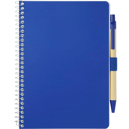Front View of Blue 5” x 7” FSC® Mix Spiral Notebook with Pen plain