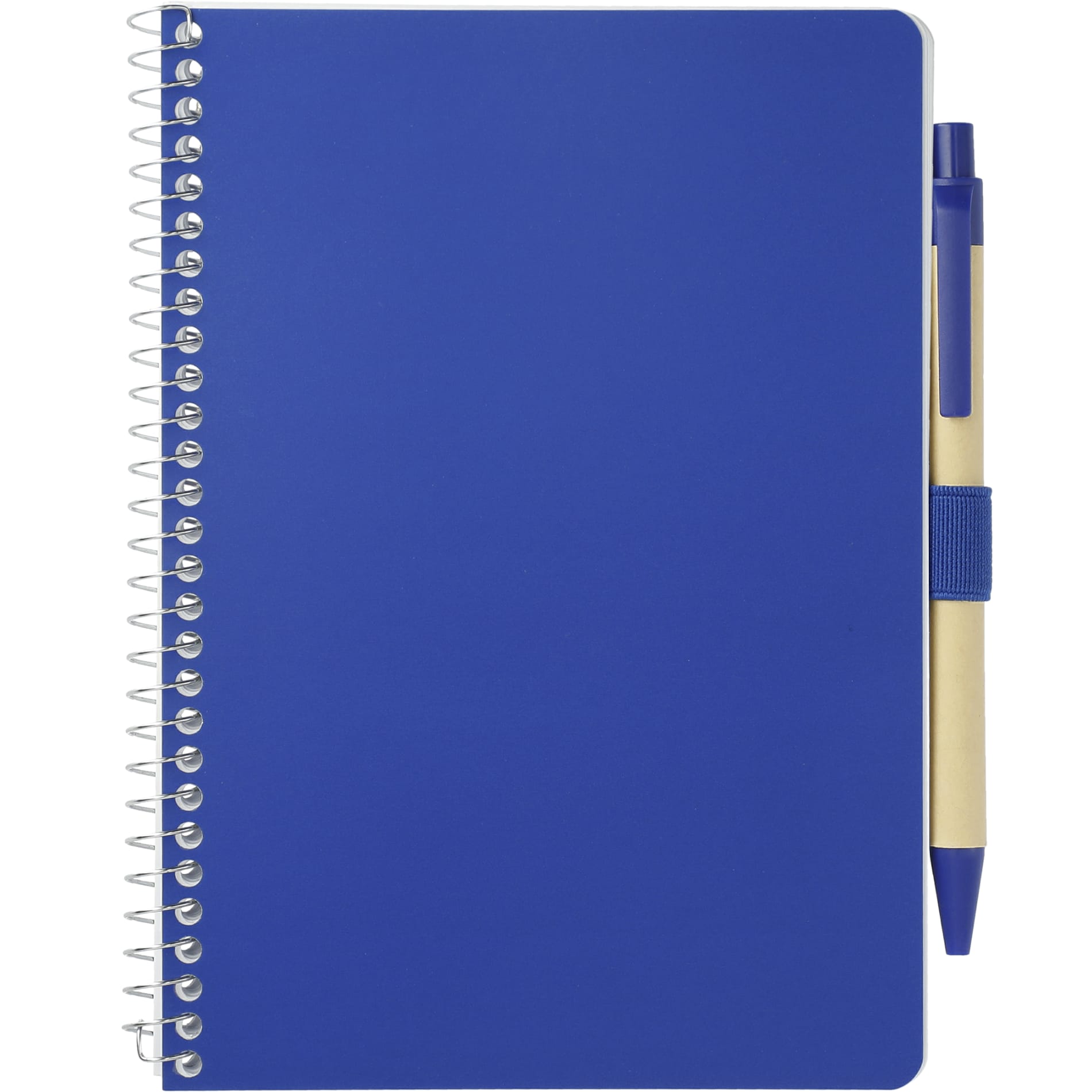 Front View of Blue 5” x 7” FSC® Mix Spiral Notebook with Pen plain