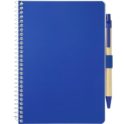 Front View of Blue 5” x 7” FSC® Mix Spiral Notebook with Pen plain