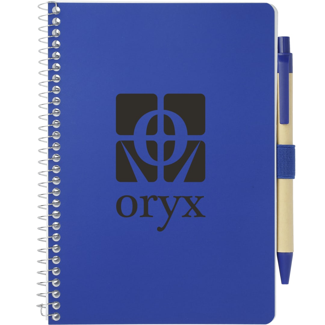 Front View of Blue 5” x 7” FSC® Mix Spiral Notebook with Pen