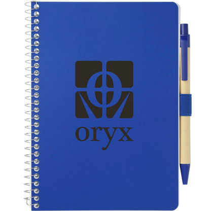 Front View of Blue 5” x 7” FSC® Mix Spiral Notebook with Pen