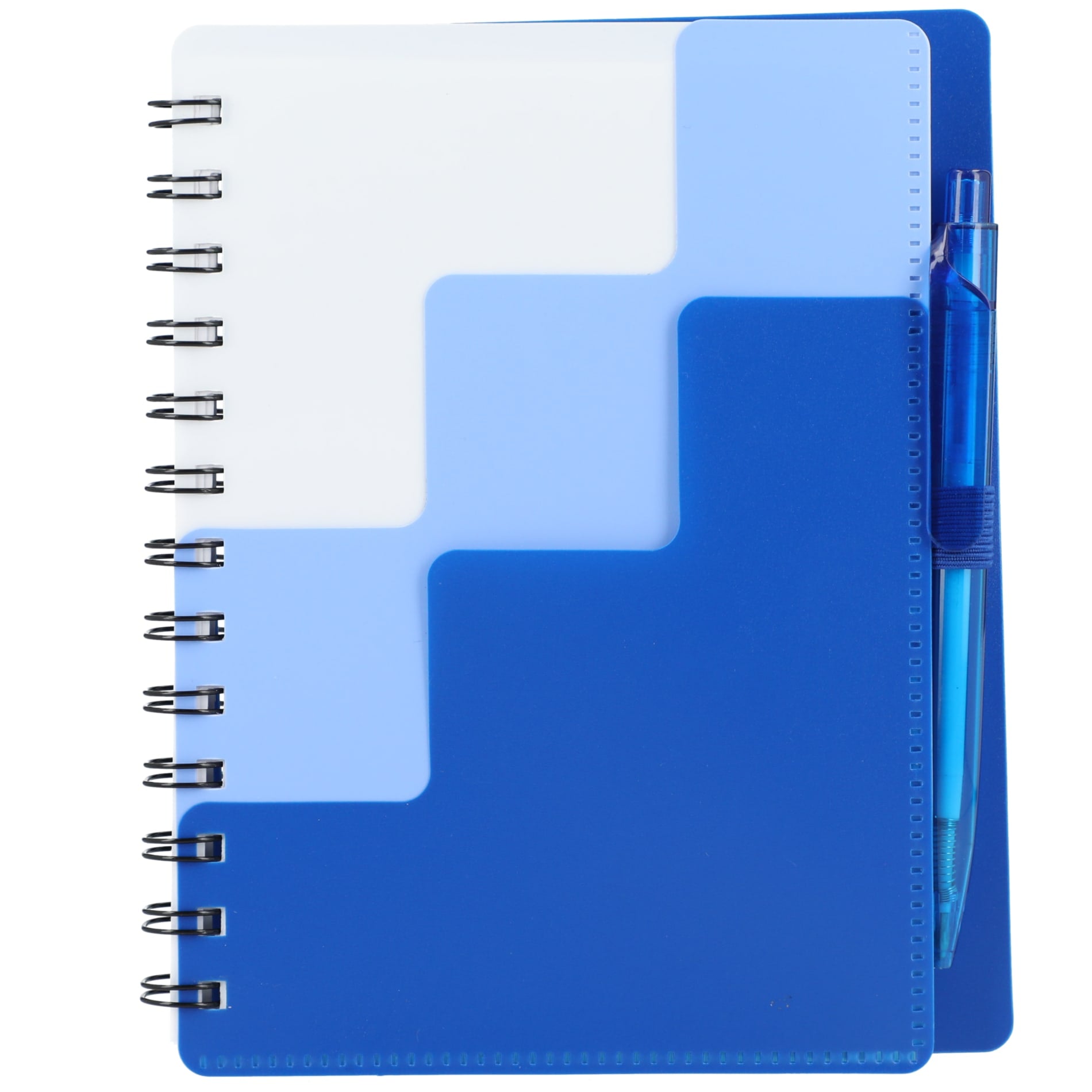 Front View of Blue 5" x 7" Recycled Pace Spiral Notebook w Pen plain