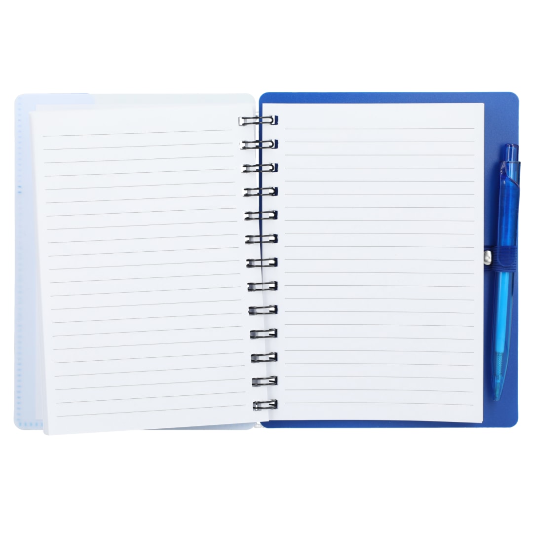 Front View of Blue 5" x 7" Recycled Pace Spiral Notebook w Pen plain