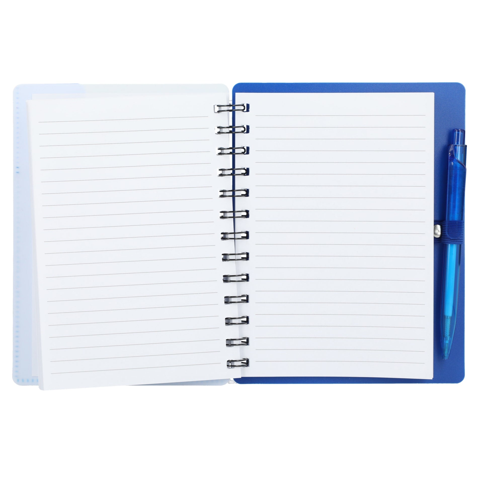 Front View of Blue 5" x 7" Recycled Pace Spiral Notebook w Pen plain