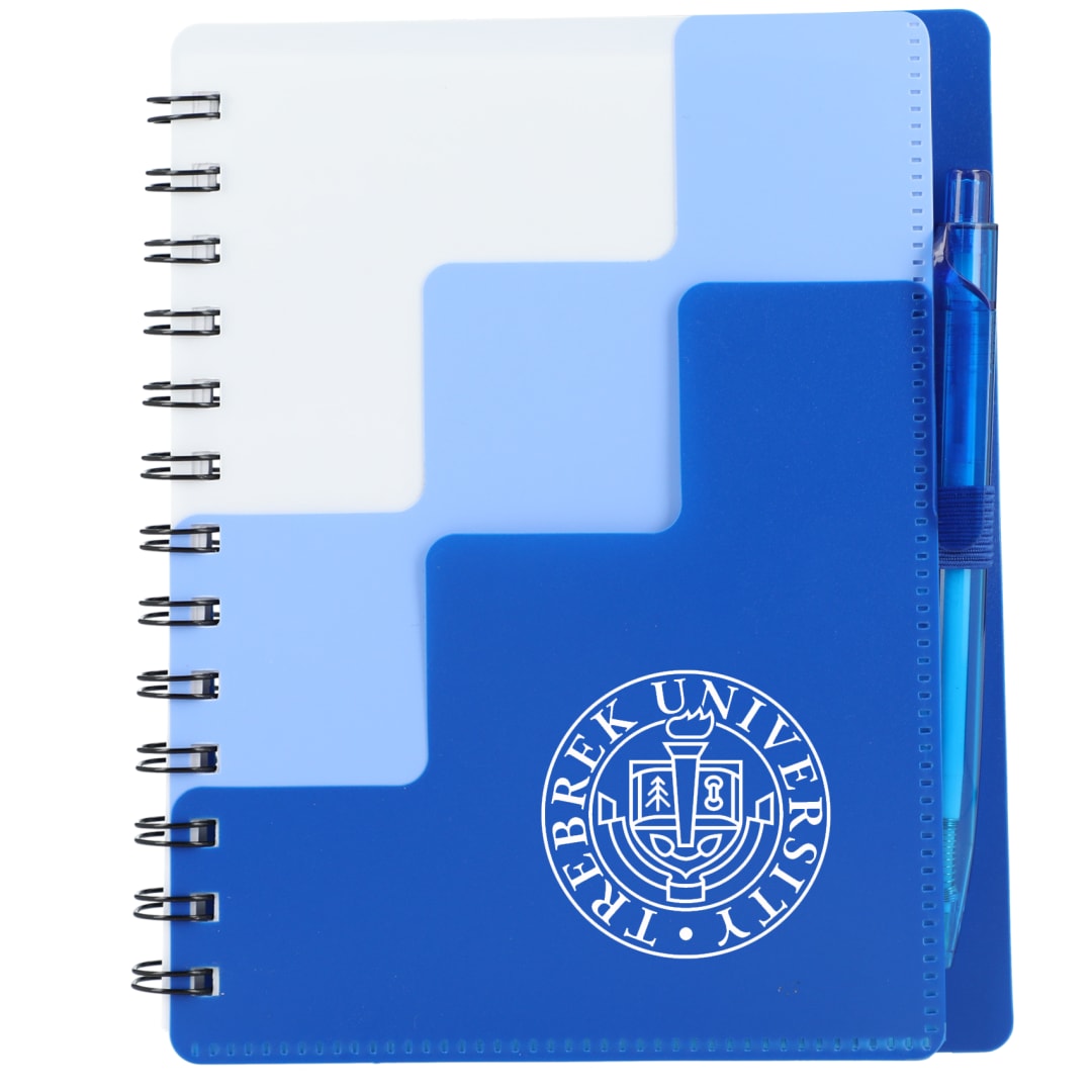 Front View of Blue 5" x 7" Recycled Pace Spiral Notebook w Pen