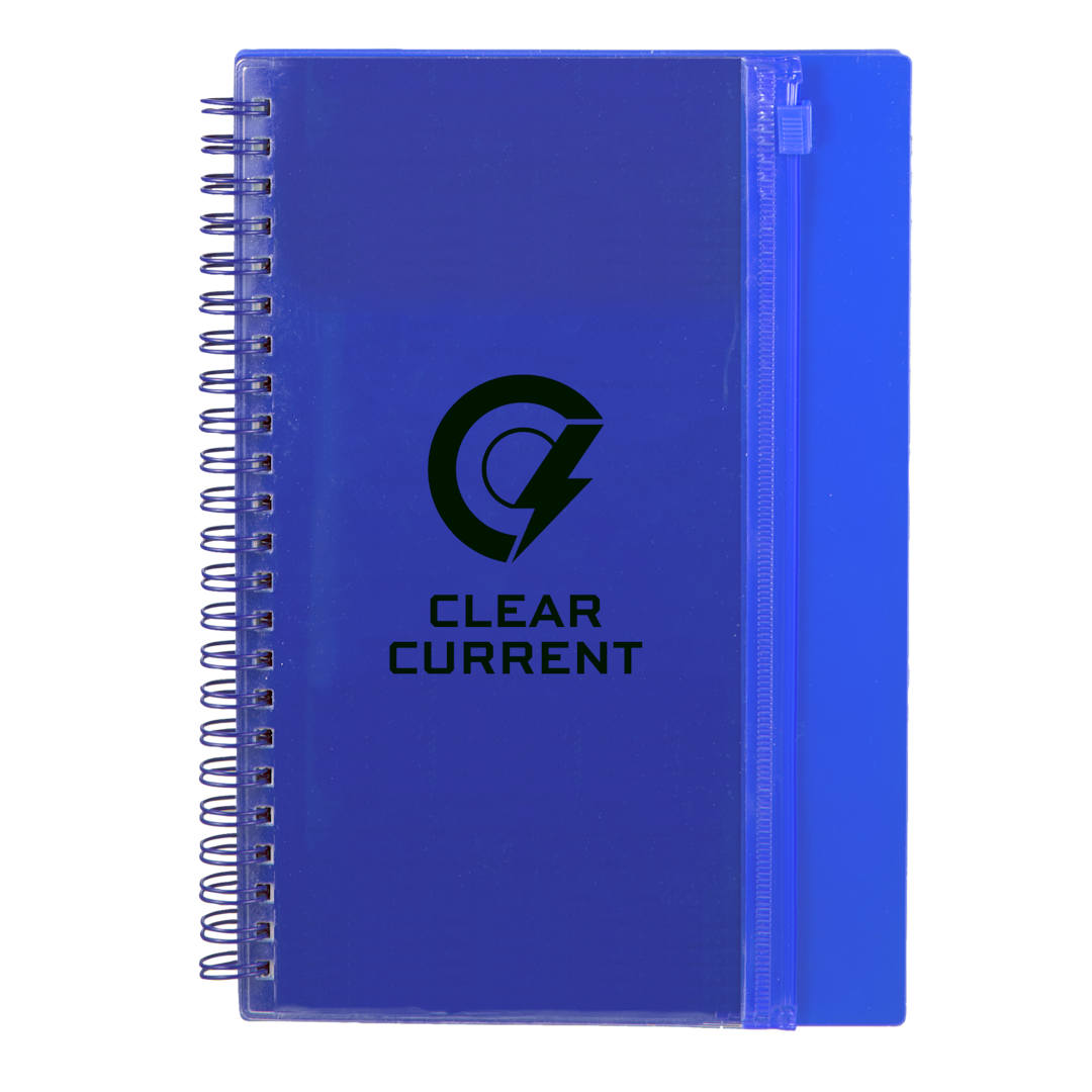 Front View of Blue 5.5" x 8.5" Spiral Notebook with Clear Pocket