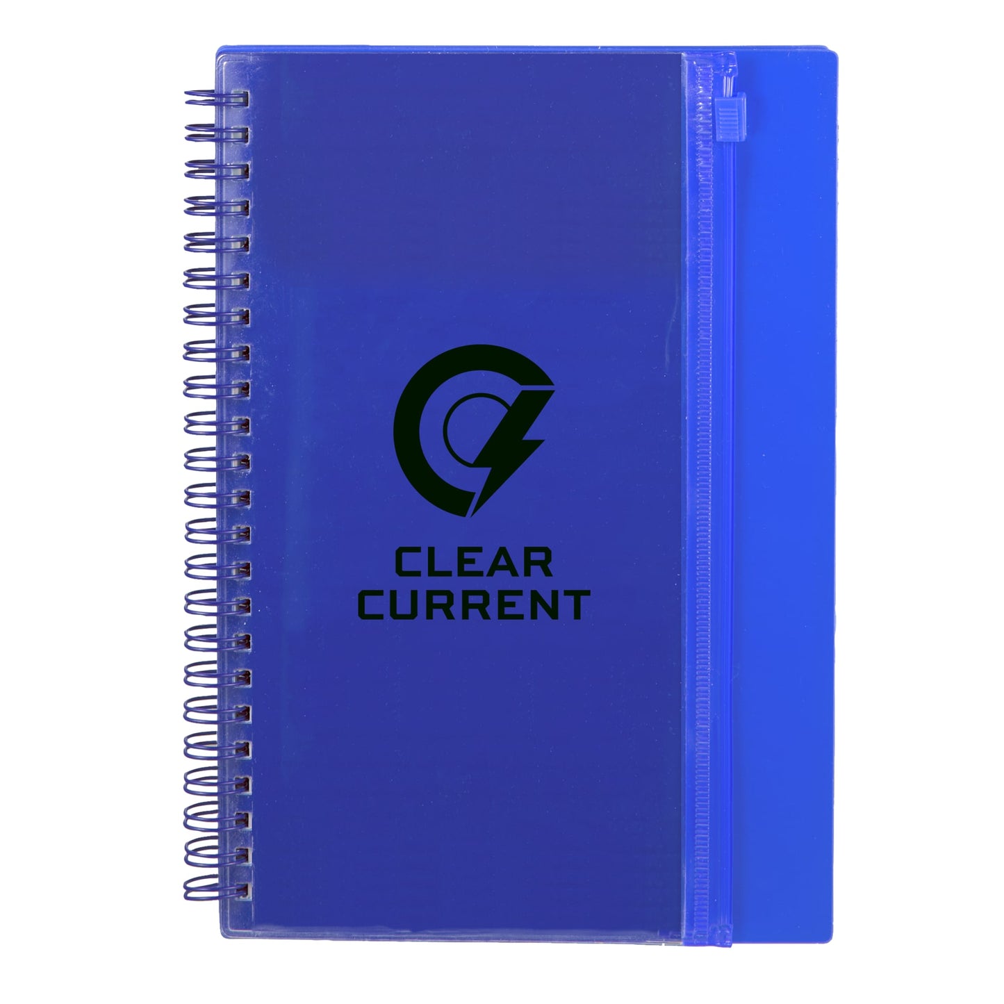 Front View of Blue 5.5" x 8.5" Spiral Notebook with Clear Pocket