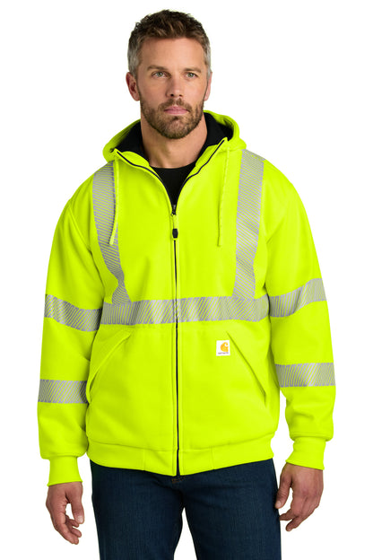 Front View of BriteLime Carhartt ANSI 107 Class 3 Lined Full-Zip Sweatshirt CT104988