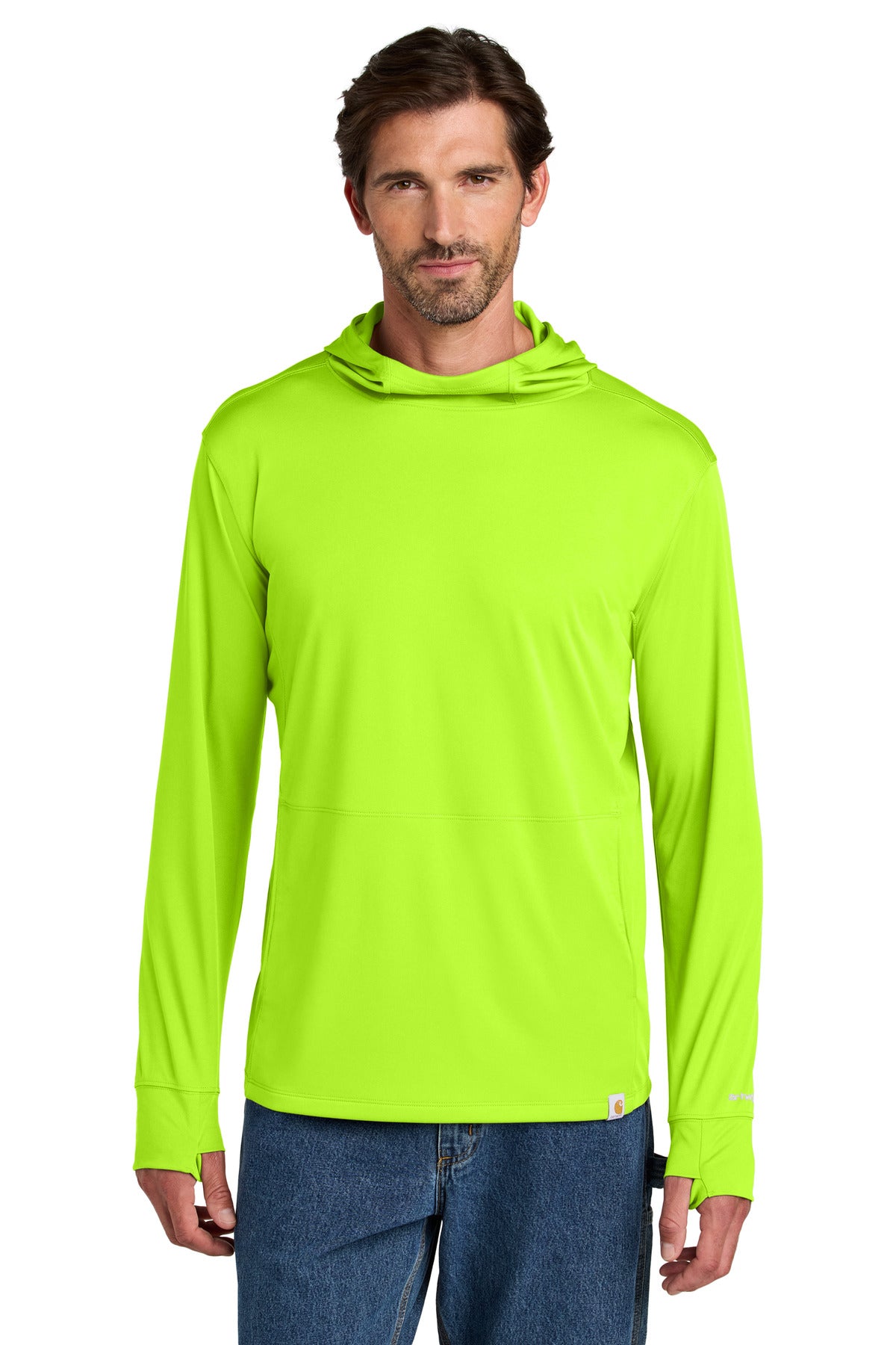 Front View of BriteLime Carhartt Force Sun Defender Long Sleeve Hooded T-Shirt CT106923