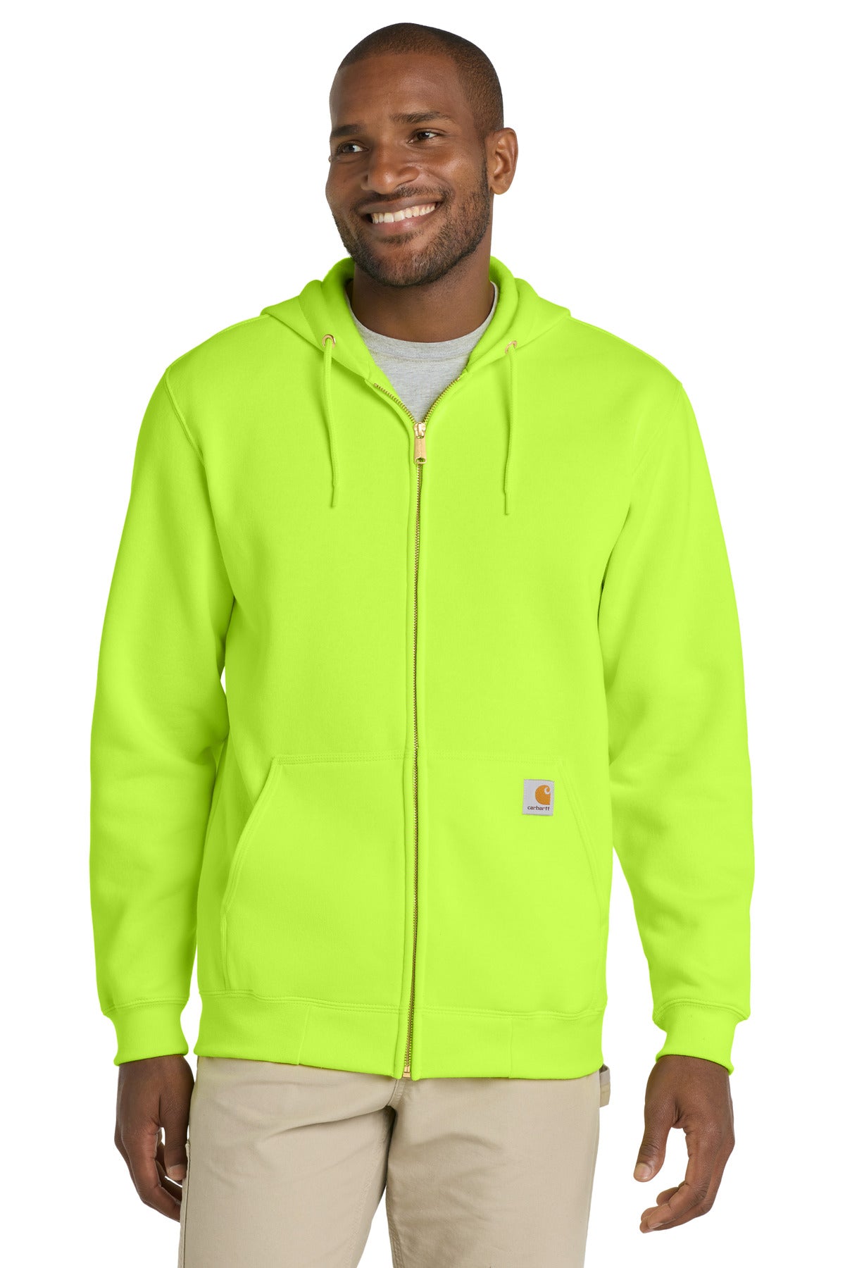 Front View of BriteLime Carhartt Midweight Hooded Zip-Front Sweatshirt. CTK122
