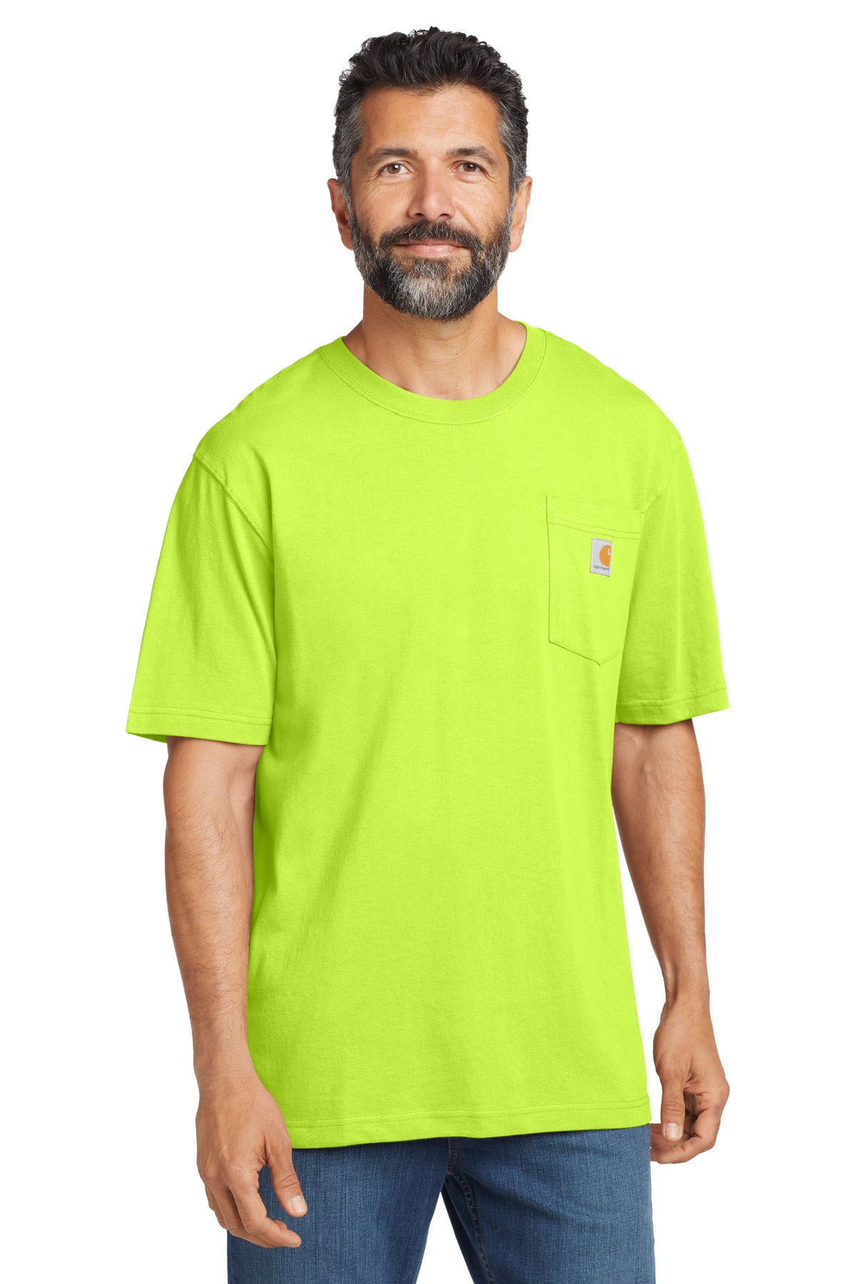 Front View of BriteLime Carhartt Workwear Pocket Short Sleeve T-Shirt. CTK87