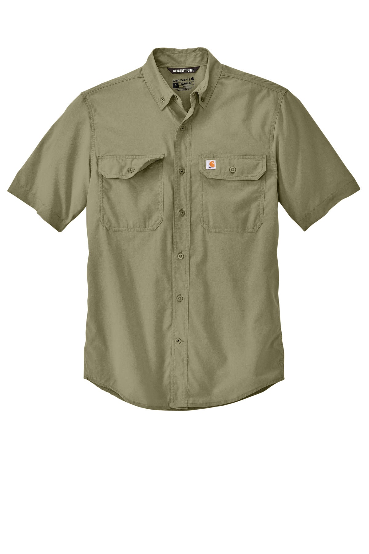 Front View of BurntOlive Carhartt Force Solid Short Sleeve Shirt CT105292