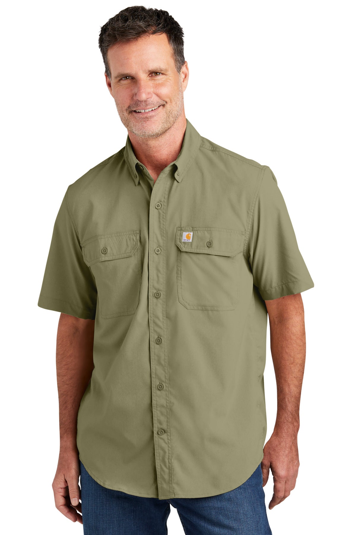 Front View of BurntOlive Carhartt Force Solid Short Sleeve Shirt CT105292
