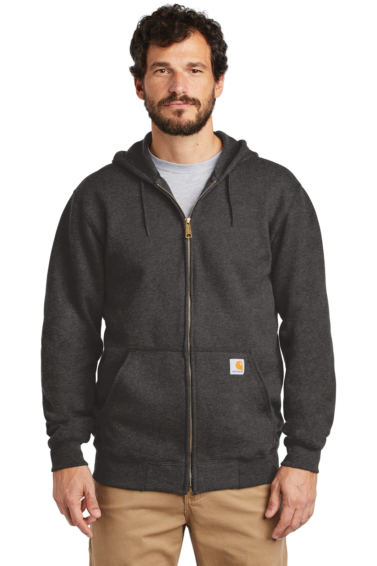 Front View of Carbon Heather Carhartt Midweight Hooded Zip-Front Sweatshirt. CTK122