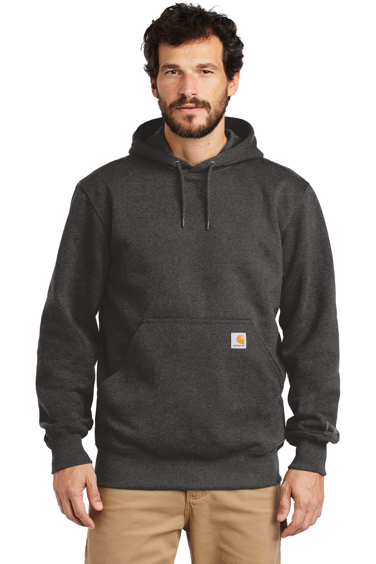 Front View of Carbon Heather Carhartt Rain Defender Paxton Heavyweight Hooded Sweatshirt. CT100615