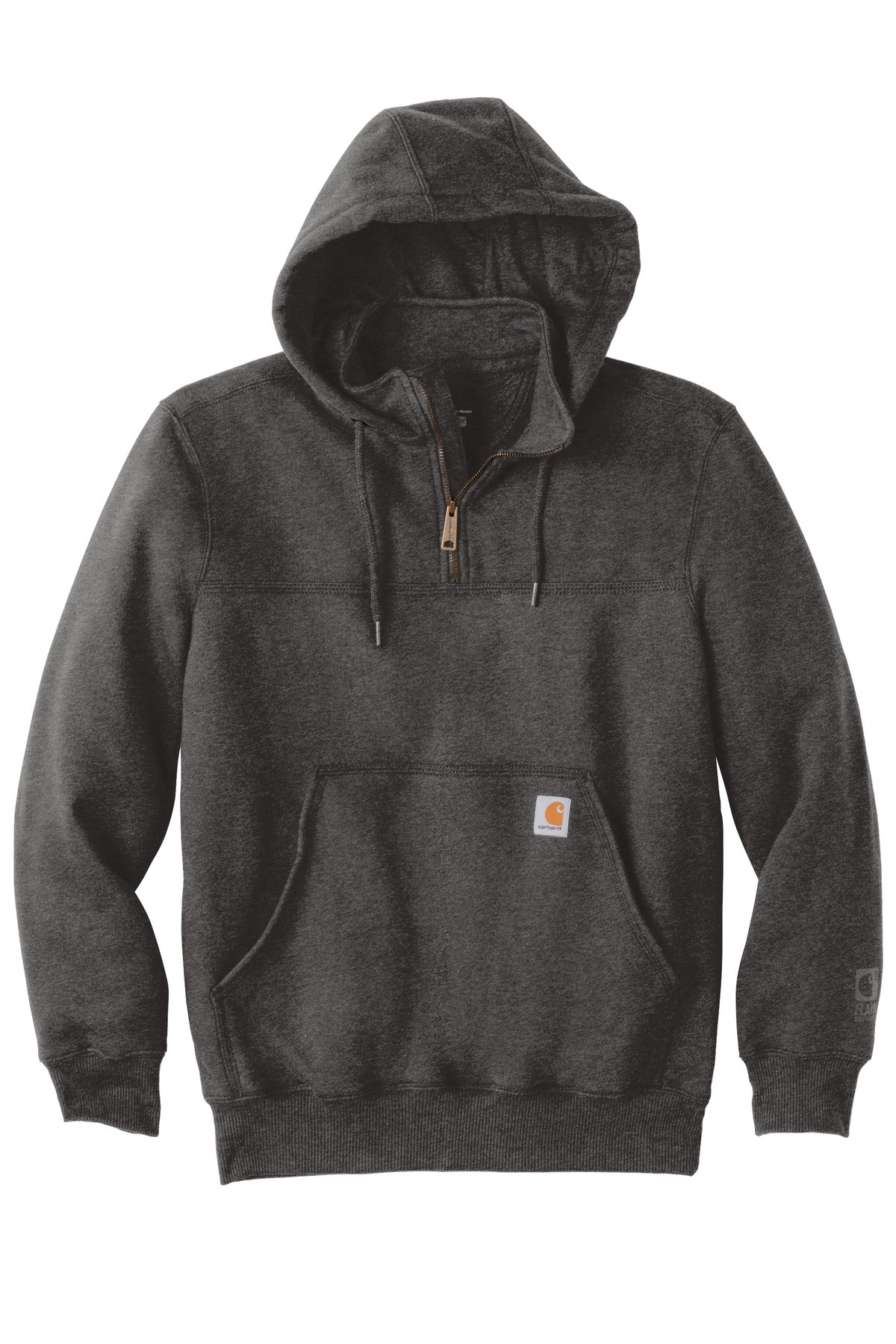 Front View of Carbon Heather Carhartt Rain Defender Paxton Heavyweight Hooded Zip Mock Sweatshirt. CT100617