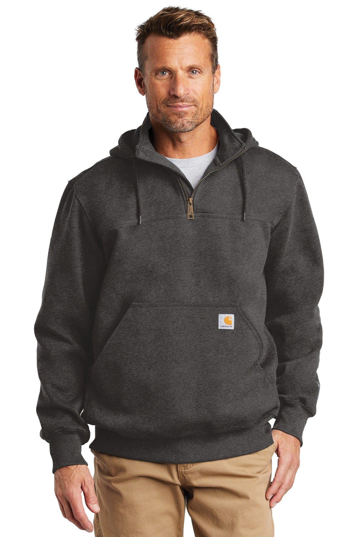 Front View of Carbon Heather Carhartt Rain Defender Paxton Heavyweight Hooded Zip Mock Sweatshirt. CT100617