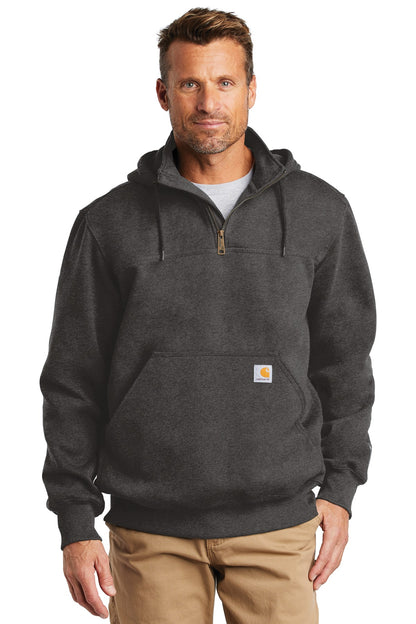 Front View of Carbon Heather Carhartt Rain Defender Paxton Heavyweight Hooded Zip Mock Sweatshirt. CT100617