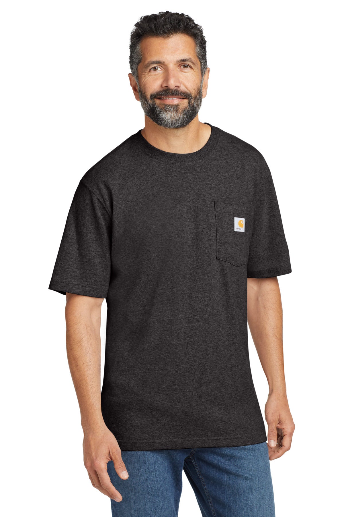 Front View of Carbon Heather Carhartt Workwear Pocket Short Sleeve T-Shirt. CTK87
