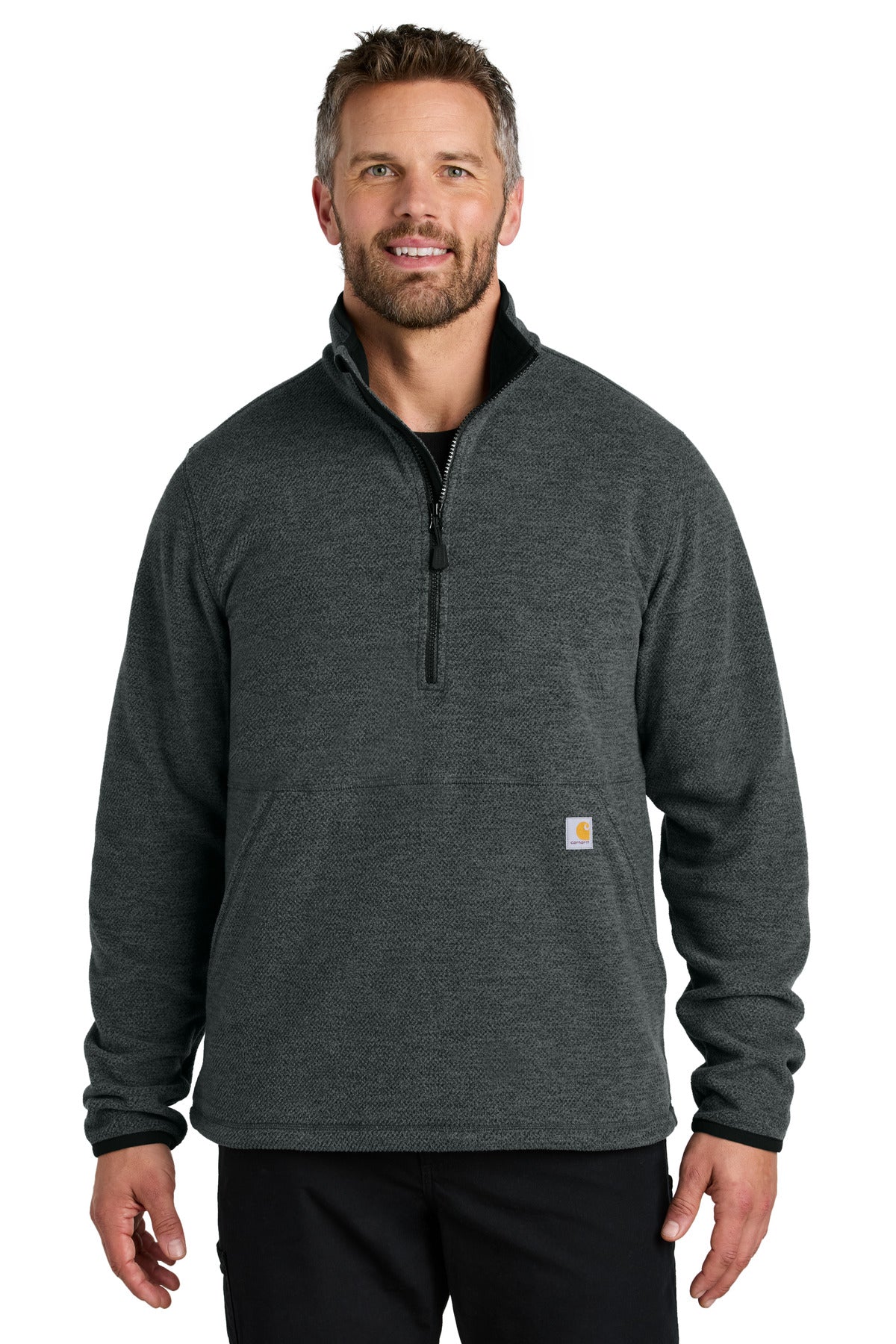 Front View of CarbonHthr Carhartt Textured 1/2-Zip Fleece Jacket CT106417