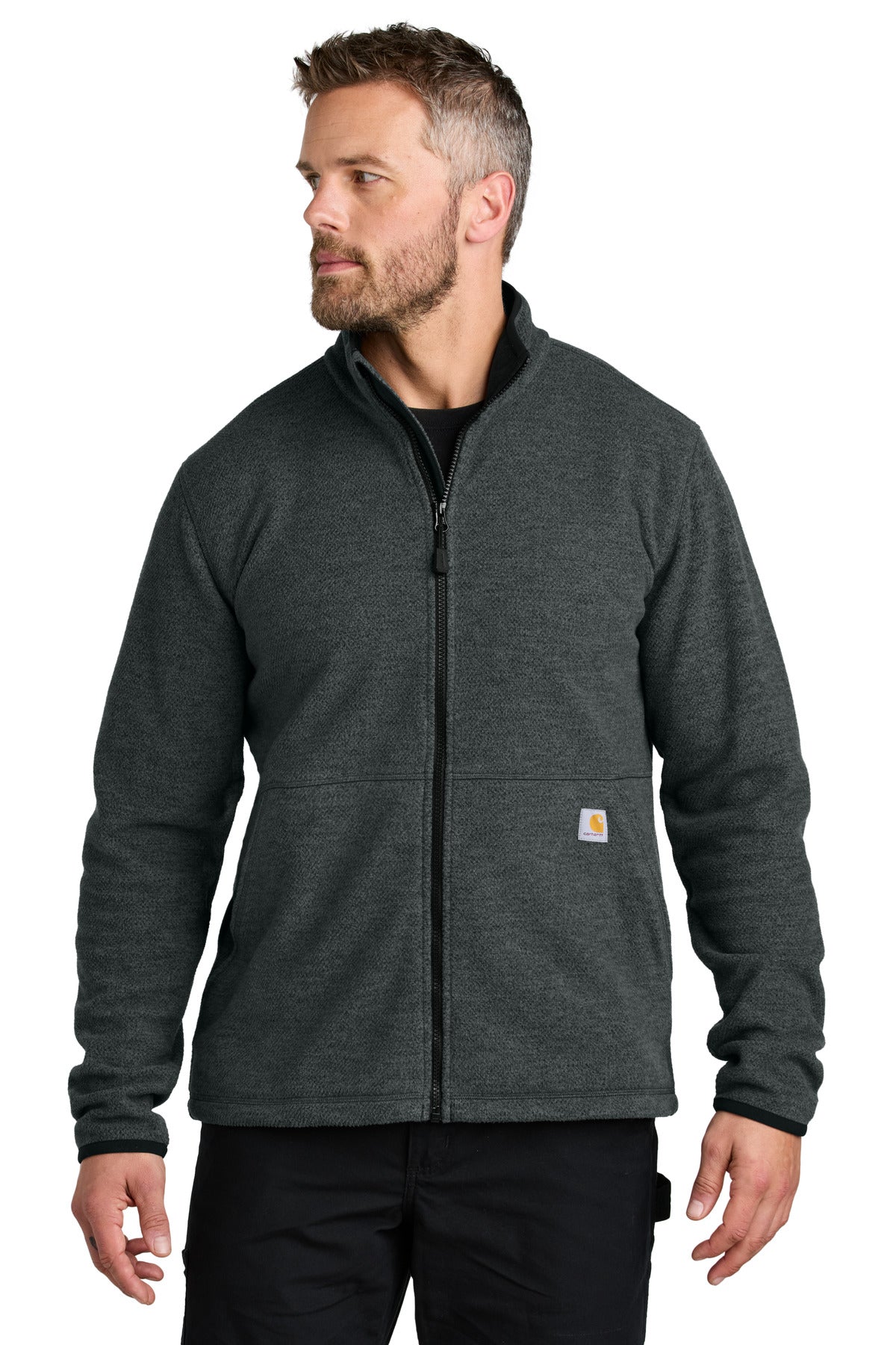 Front View of CarbonHthr Carhartt Textured Full-Zip Fleece Jacket CT106416