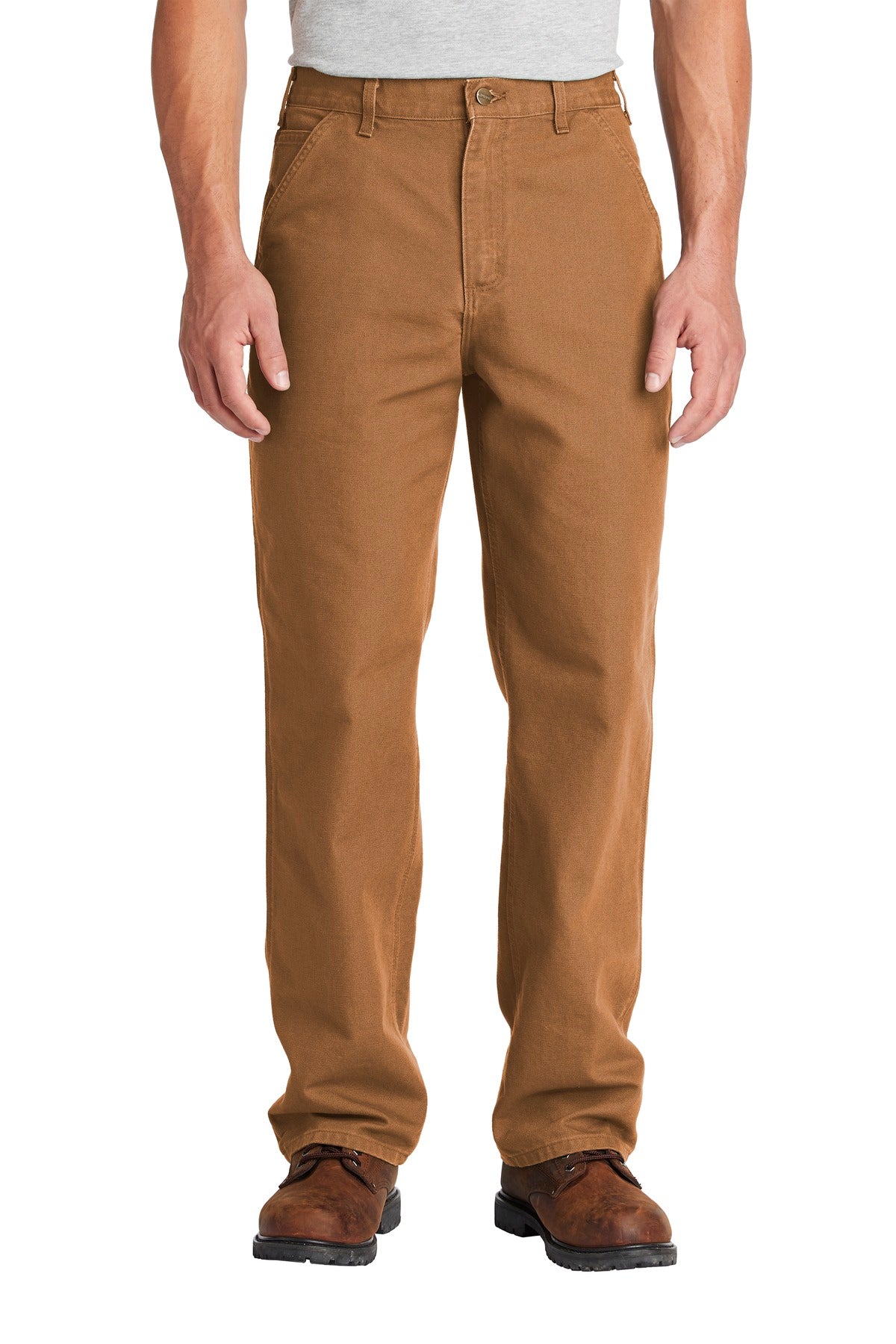 Front View of Carhartt Brown Carhartt Washed-Duck Work Dungaree. CTB11