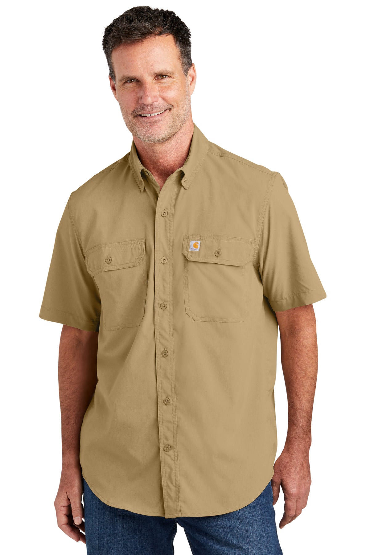 Front View of DarkKhaki Carhartt Force Solid Short Sleeve Shirt CT105292