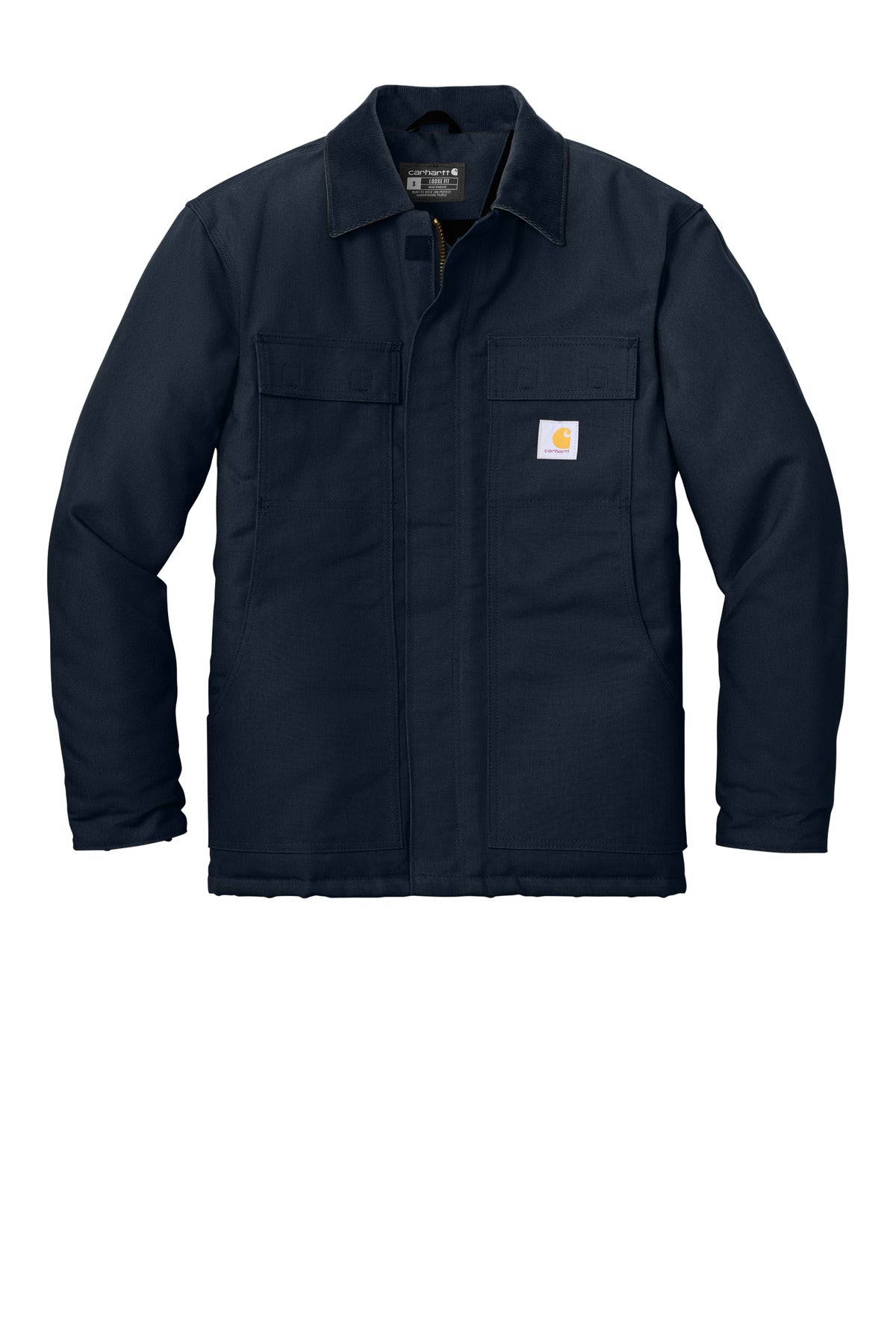 Front View of DarkNavy Carhartt Duck Traditional Coat. CT106674
