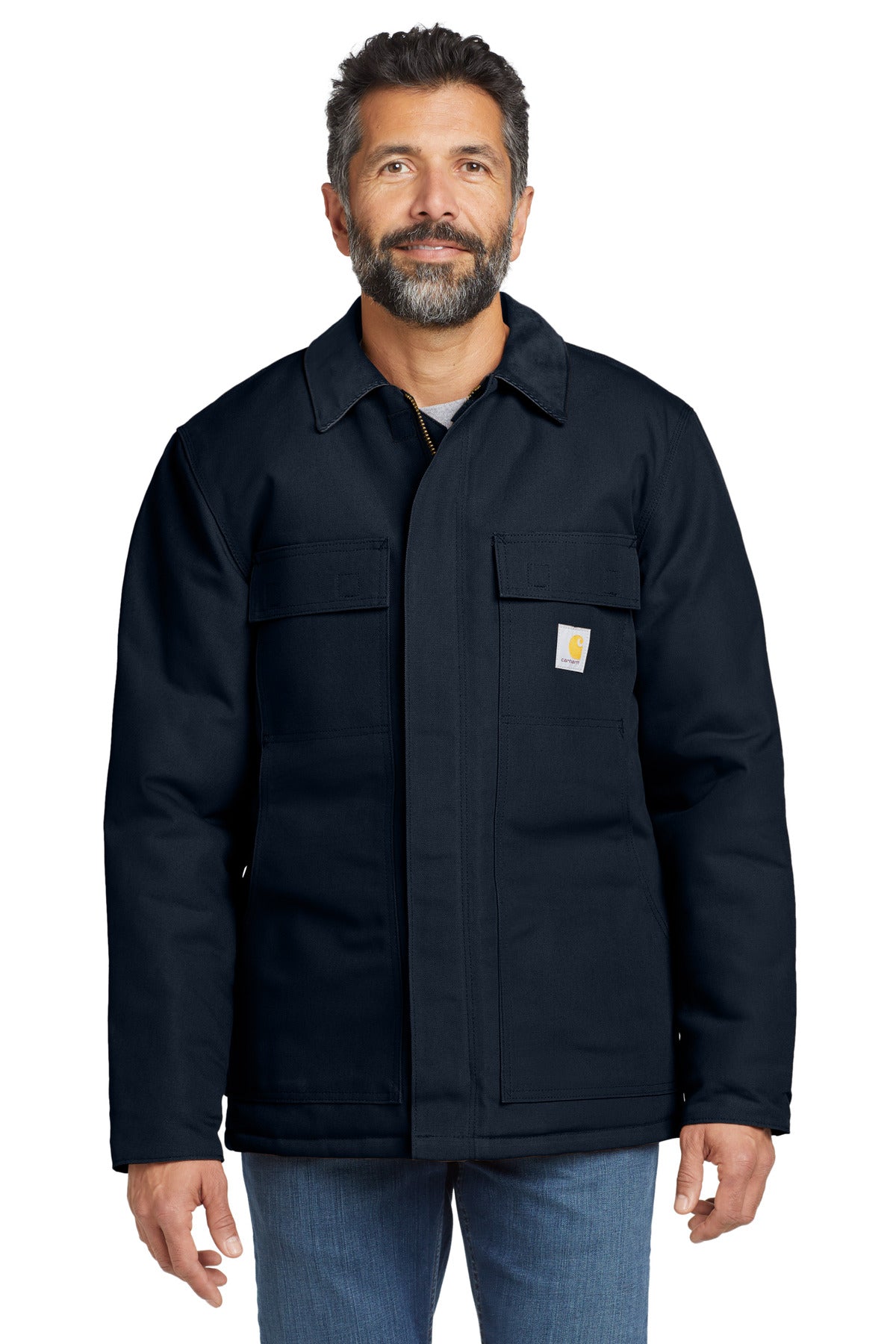 Front View of DarkNavy Carhartt Duck Traditional Coat. CT106674