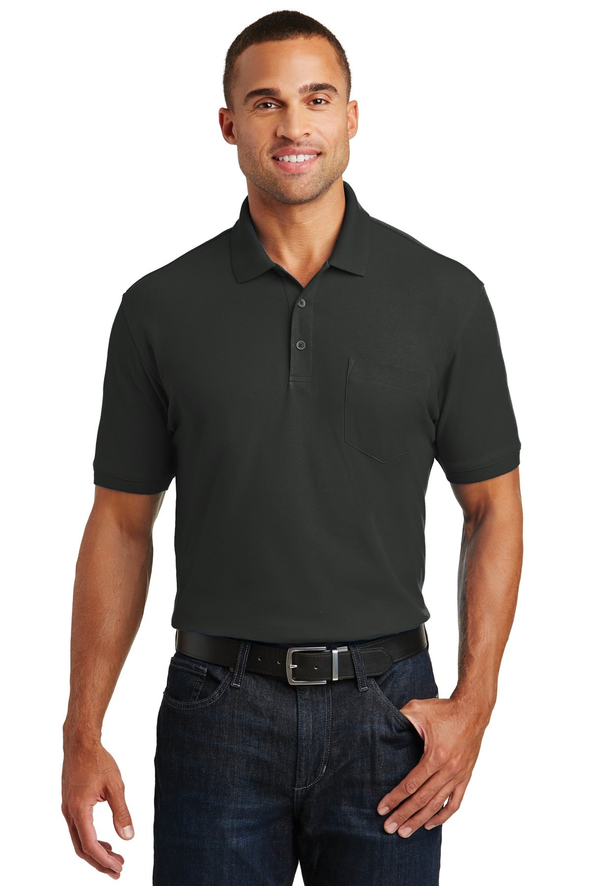 Front View of Deep Black Port Authority Core Classic Pique Pocket Polo. K100P