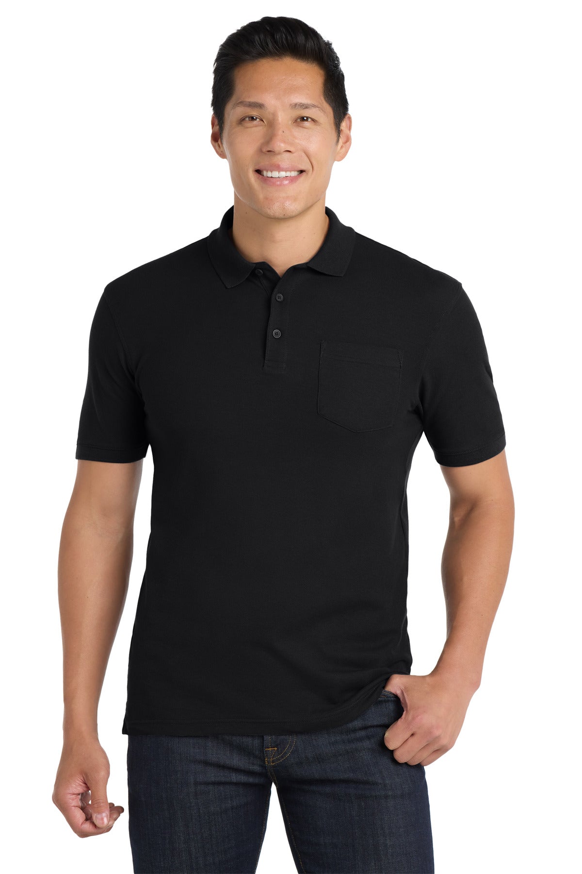 Front View of Deep Black Port Authority Core Classic Pique Pocket Polo. K100P