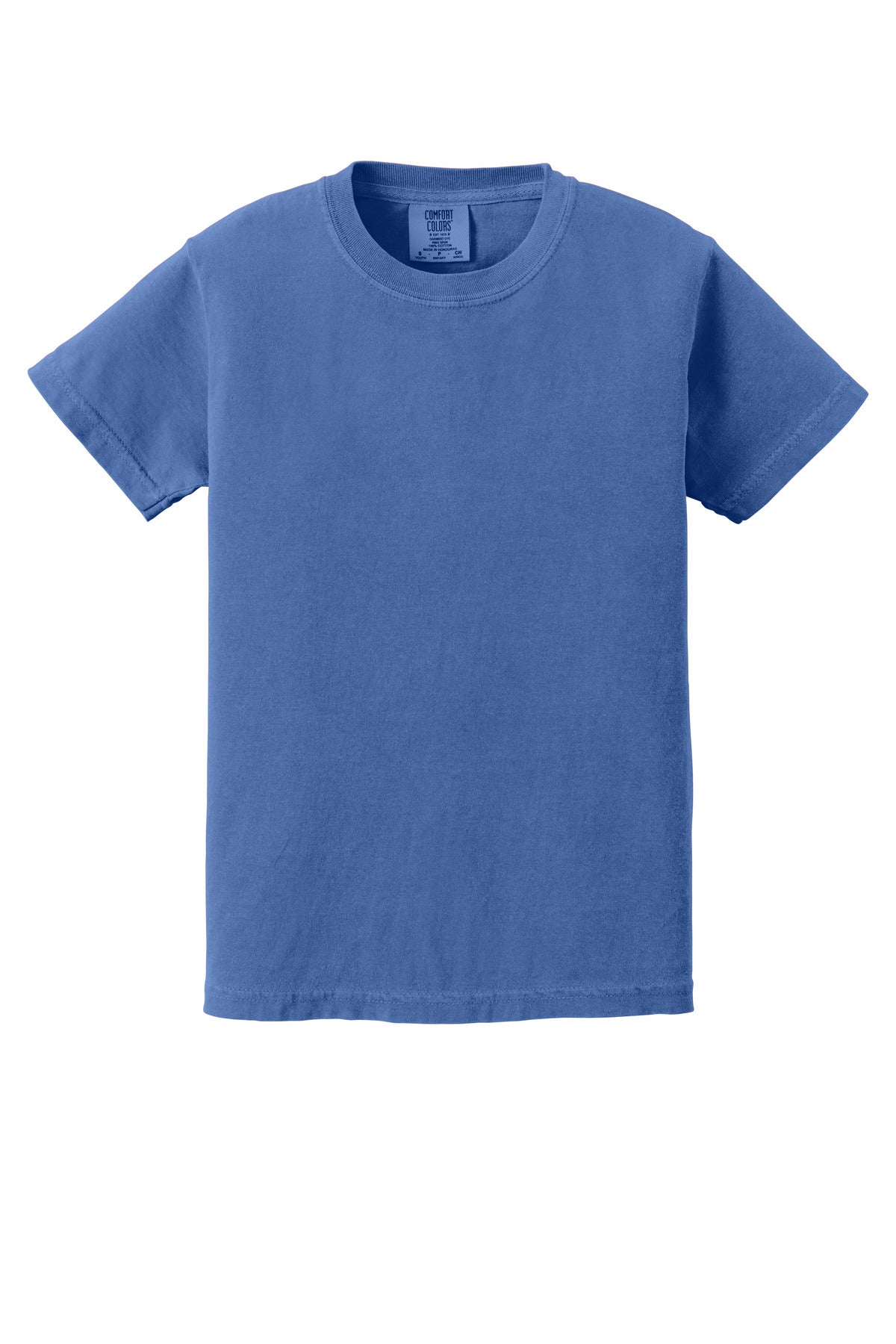 Front View of Flo Blue COMFORT COLORS Youth Heavyweight Ring Spun Tee. 9018