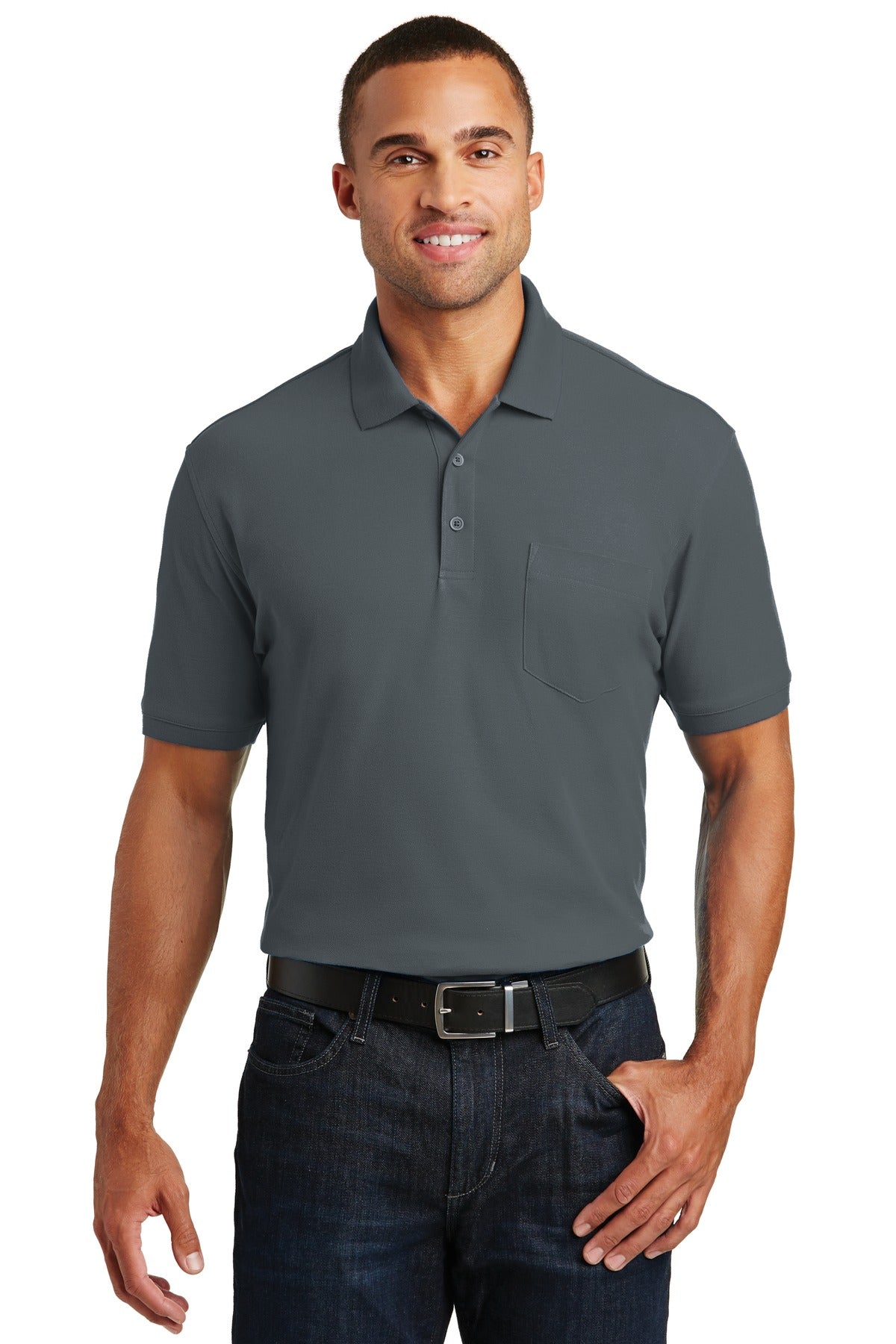 Front View of Graphite Port Authority Core Classic Pique Pocket Polo. K100P