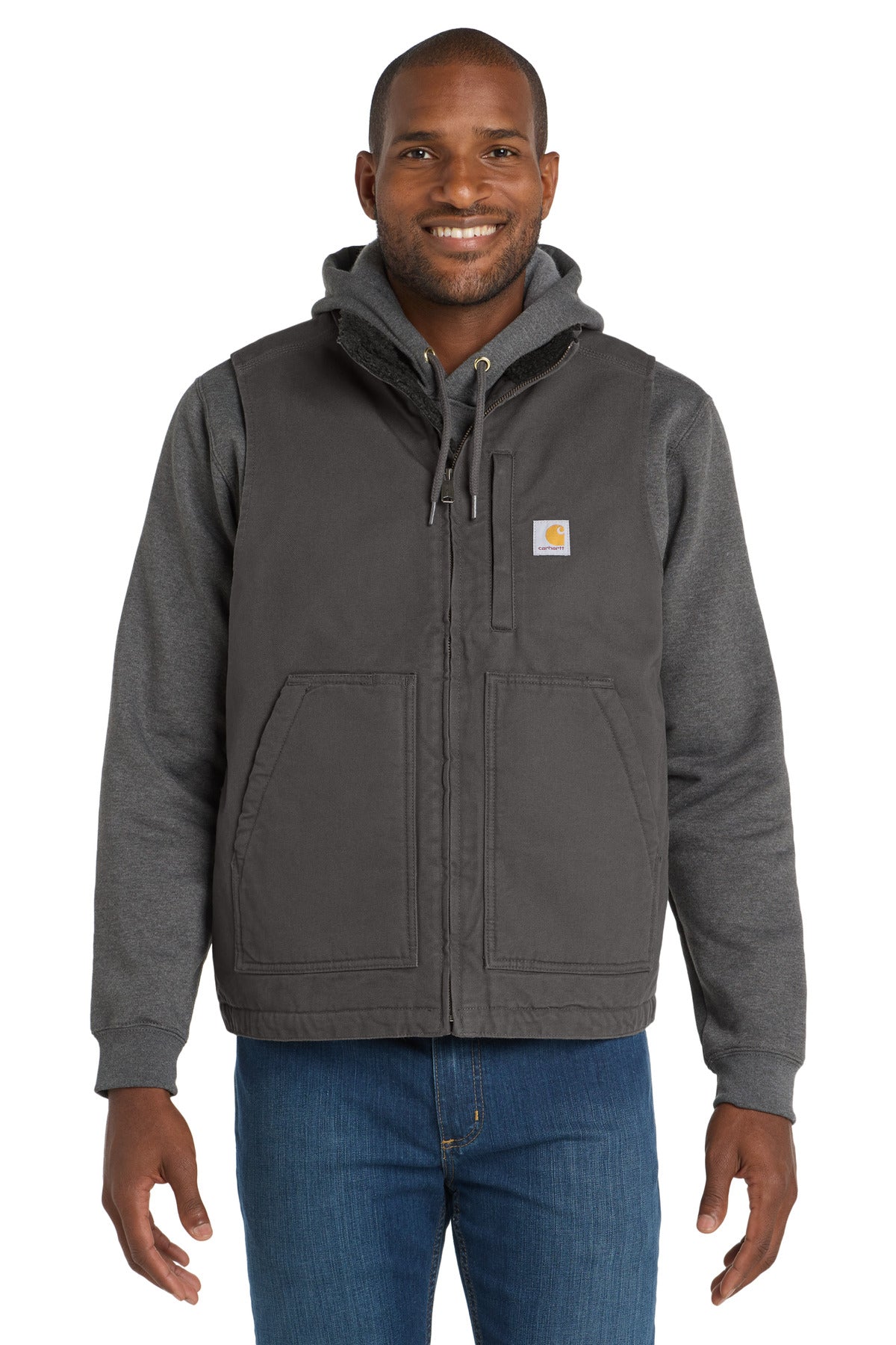 Front View of Gravel Carhartt Sherpa-Lined Mock Neck Vest CT104277