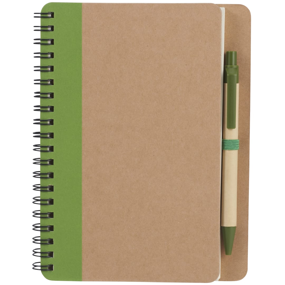 Front View of Green 5" x 7" FSC® Mix Eco Spiral Notebook with Pen plain